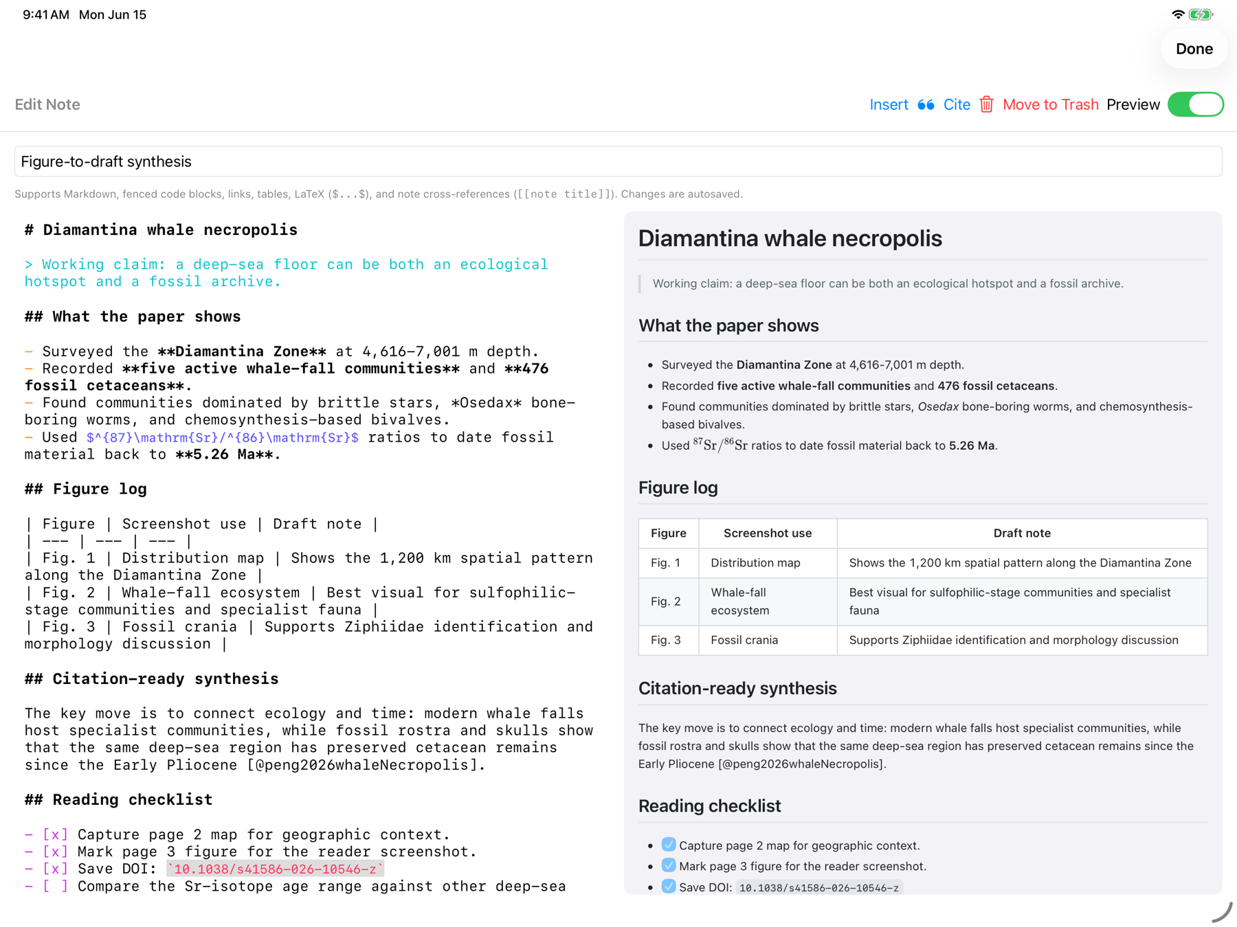 iPad screenshot of a full-screen Markdown note editor for the Nature article.