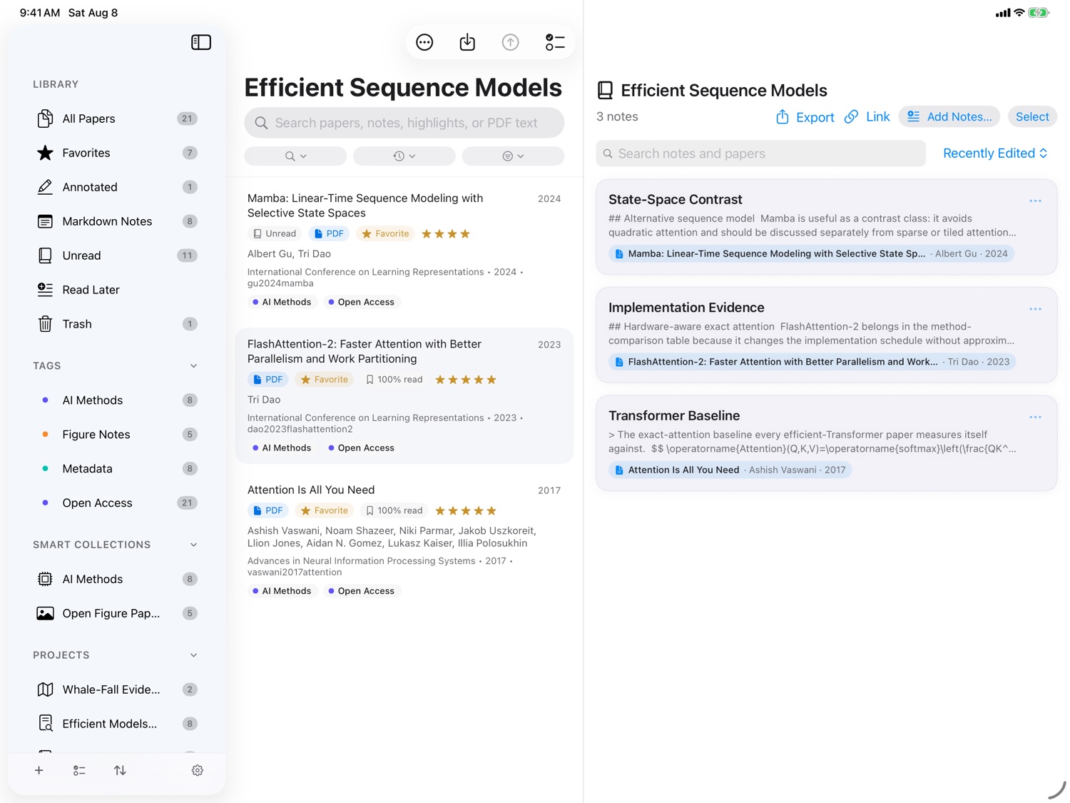 Papyrus on iPad showing the Efficient Sequence Models notebook with three notes drawn from three different papers.