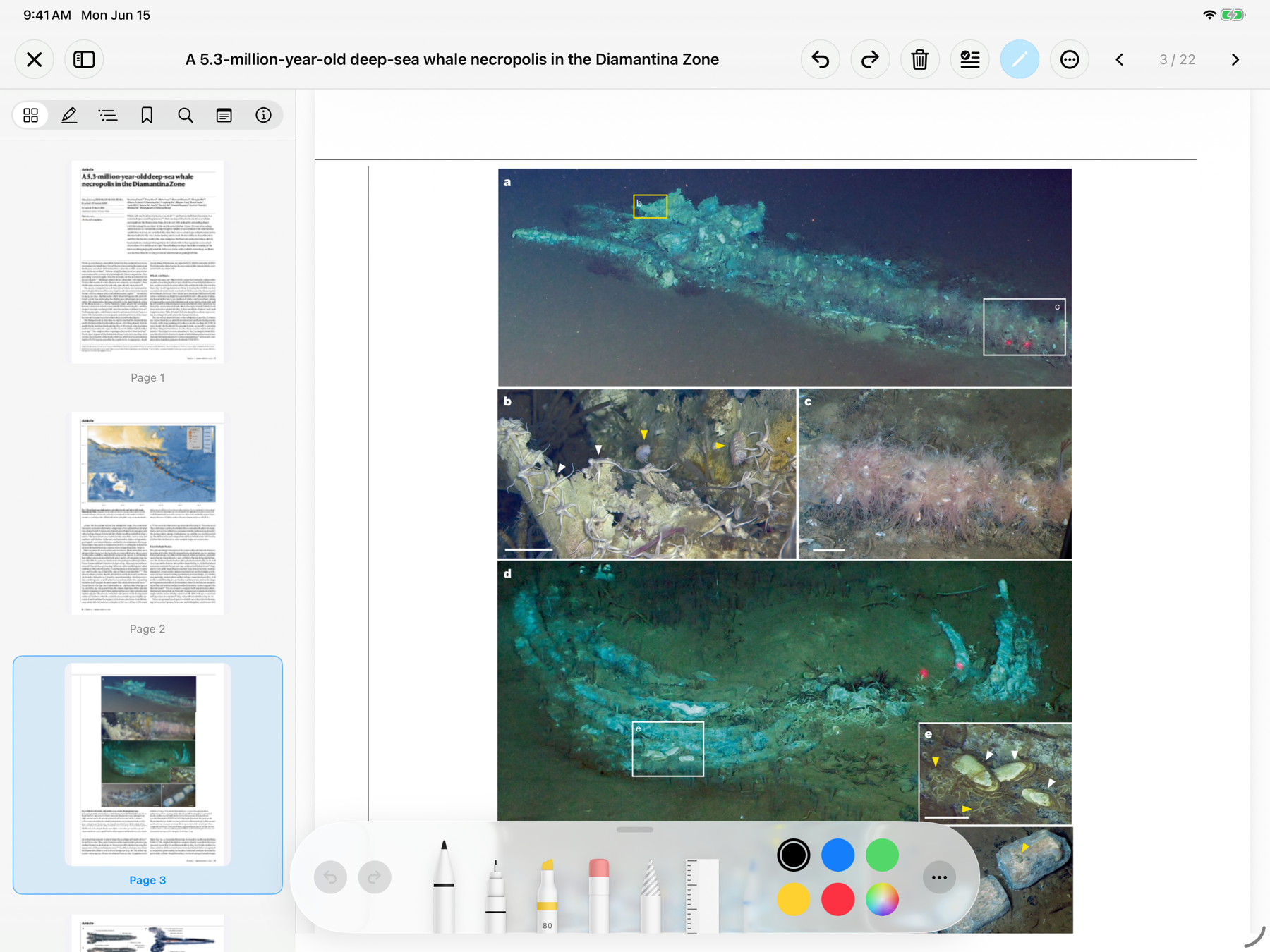 iPad screenshot of Apple Pencil annotations and the PencilKit toolpicker over a figure page.