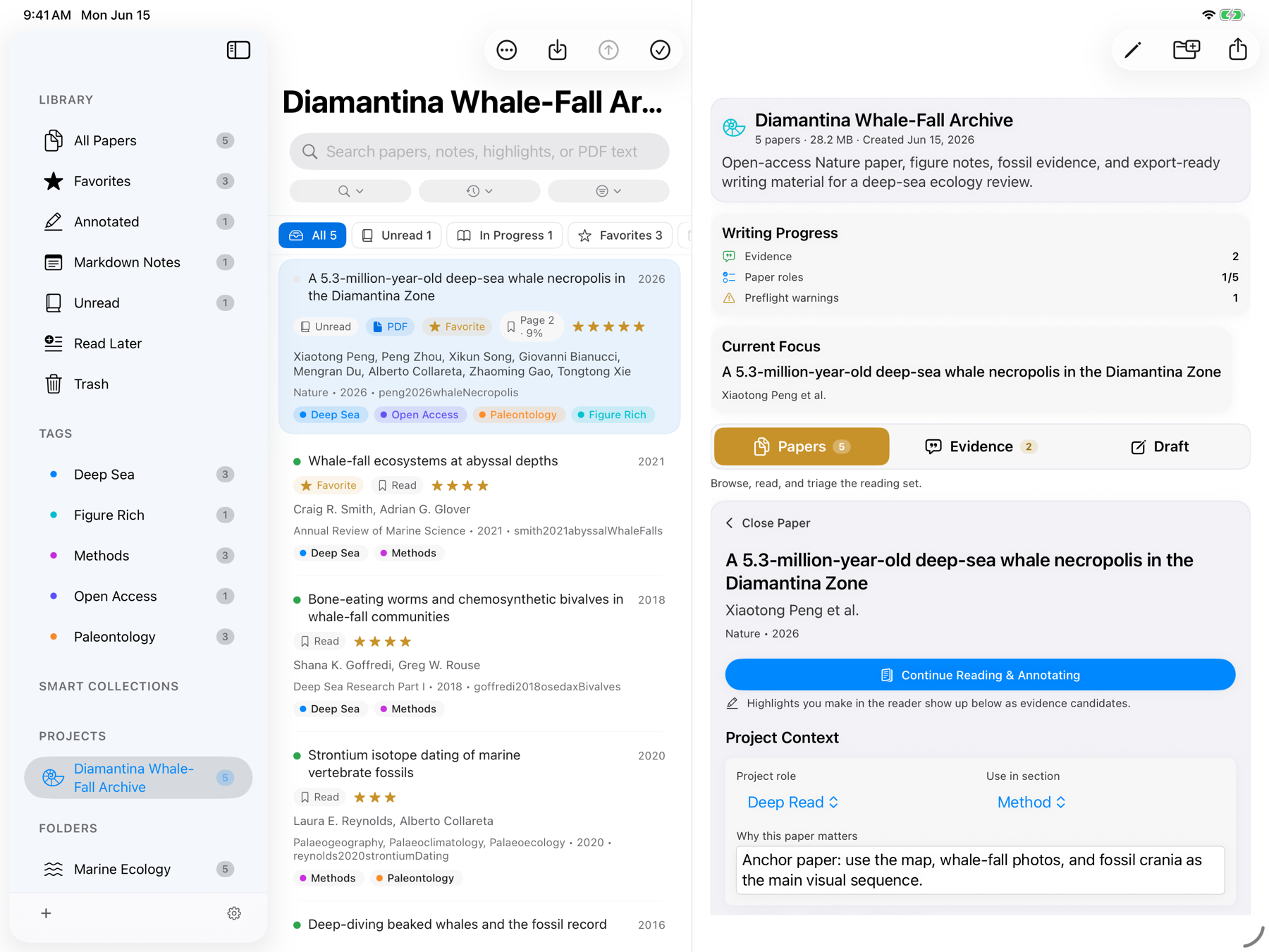 iPad project page for the Diamantina Whale-Fall Archive.