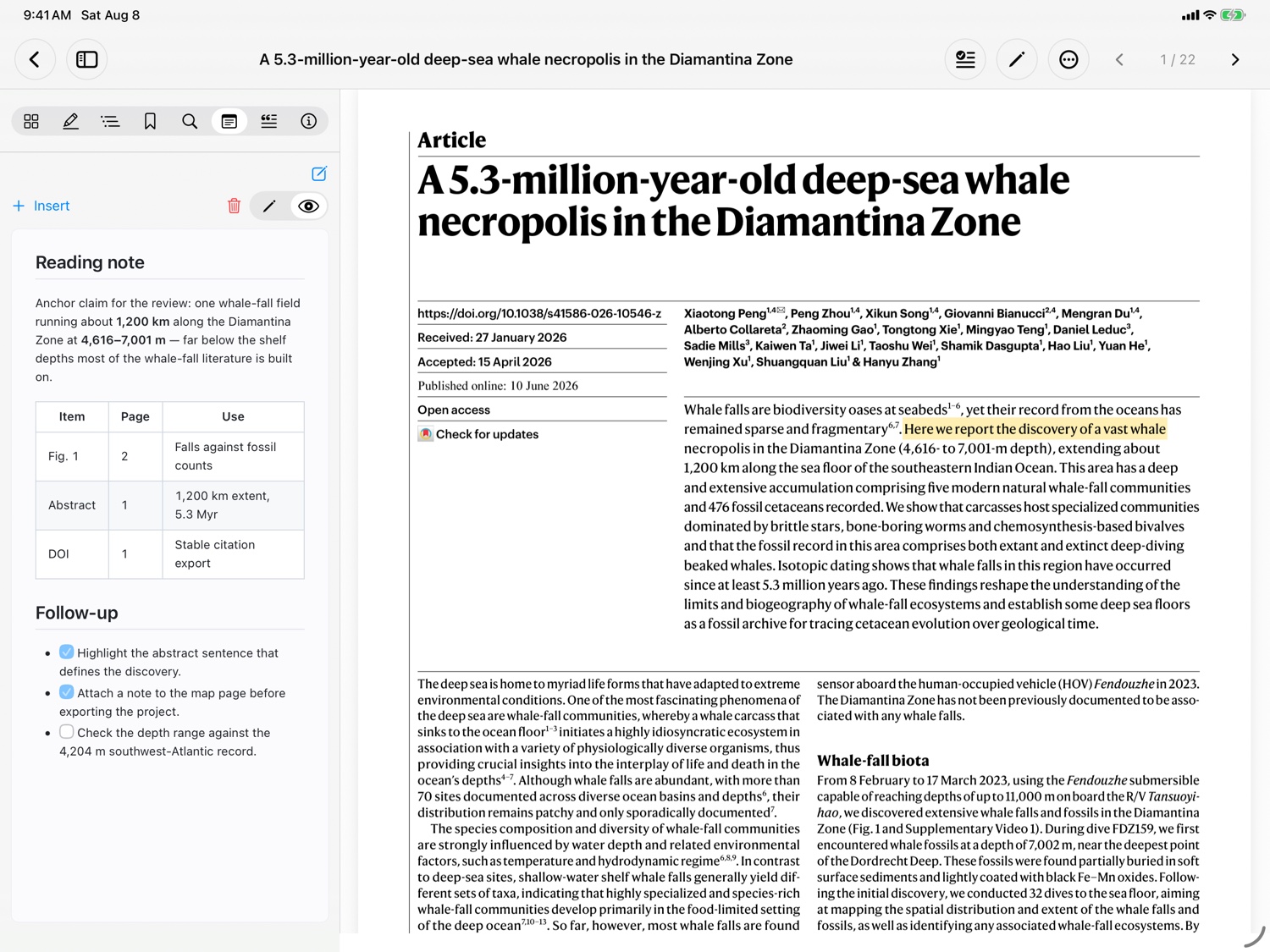 Papyrus on iPad showing the reader with the article's first page and the reading note rendered in the inspector.
