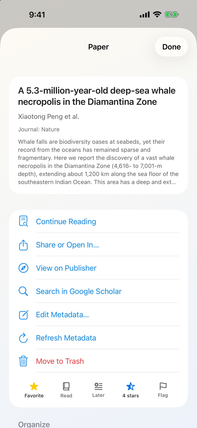 Papyrus on iPhone: a paper's detail screen with its metadata, quick-state strip, and notes.