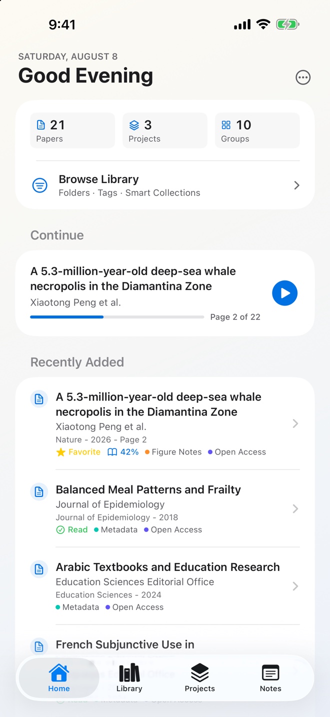 Papyrus on iPhone: the Home tab with a Continue card for the Nature paper showing progress and page number.