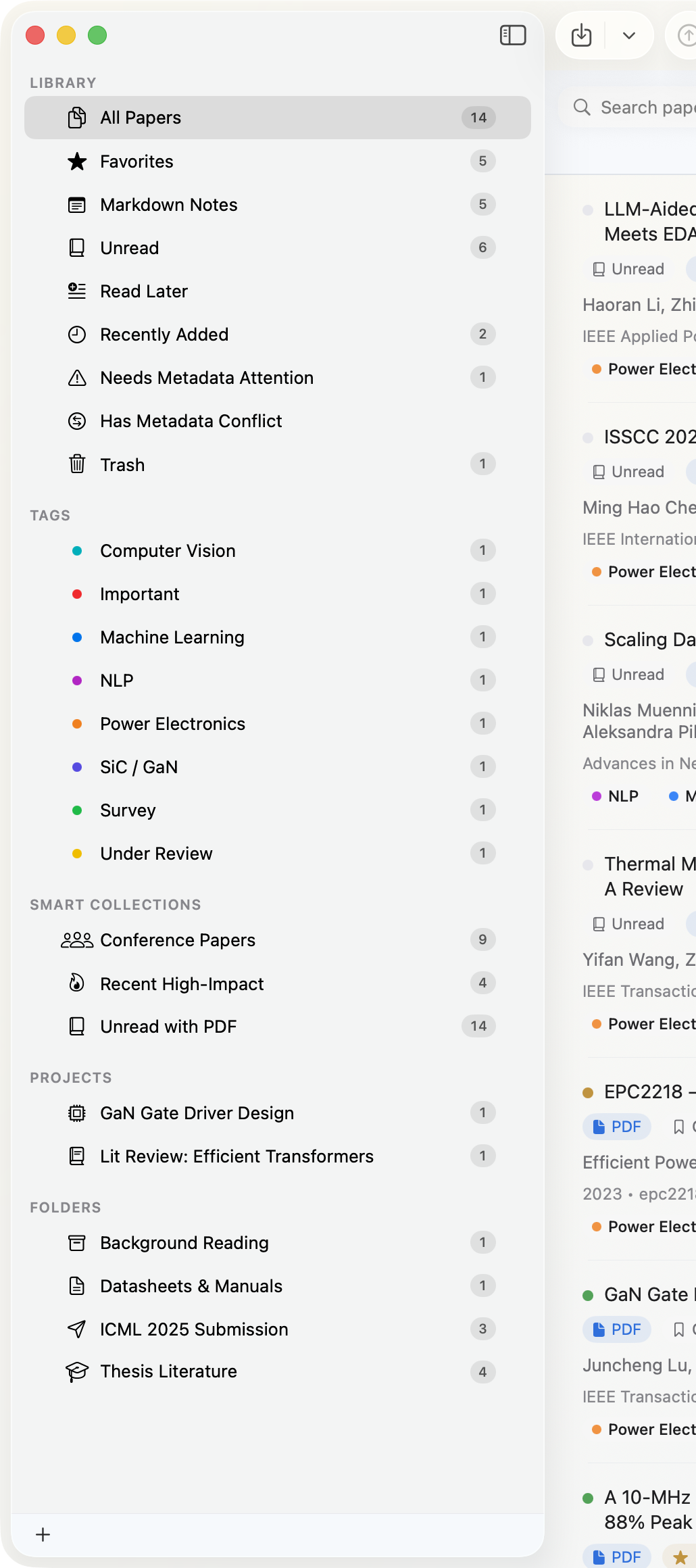 Papyrus Papers library sidebar in close-up — Smart Collections (Recent High-Impact, Conference Papers, Unread with PDF), reading queue, projects, and folders
