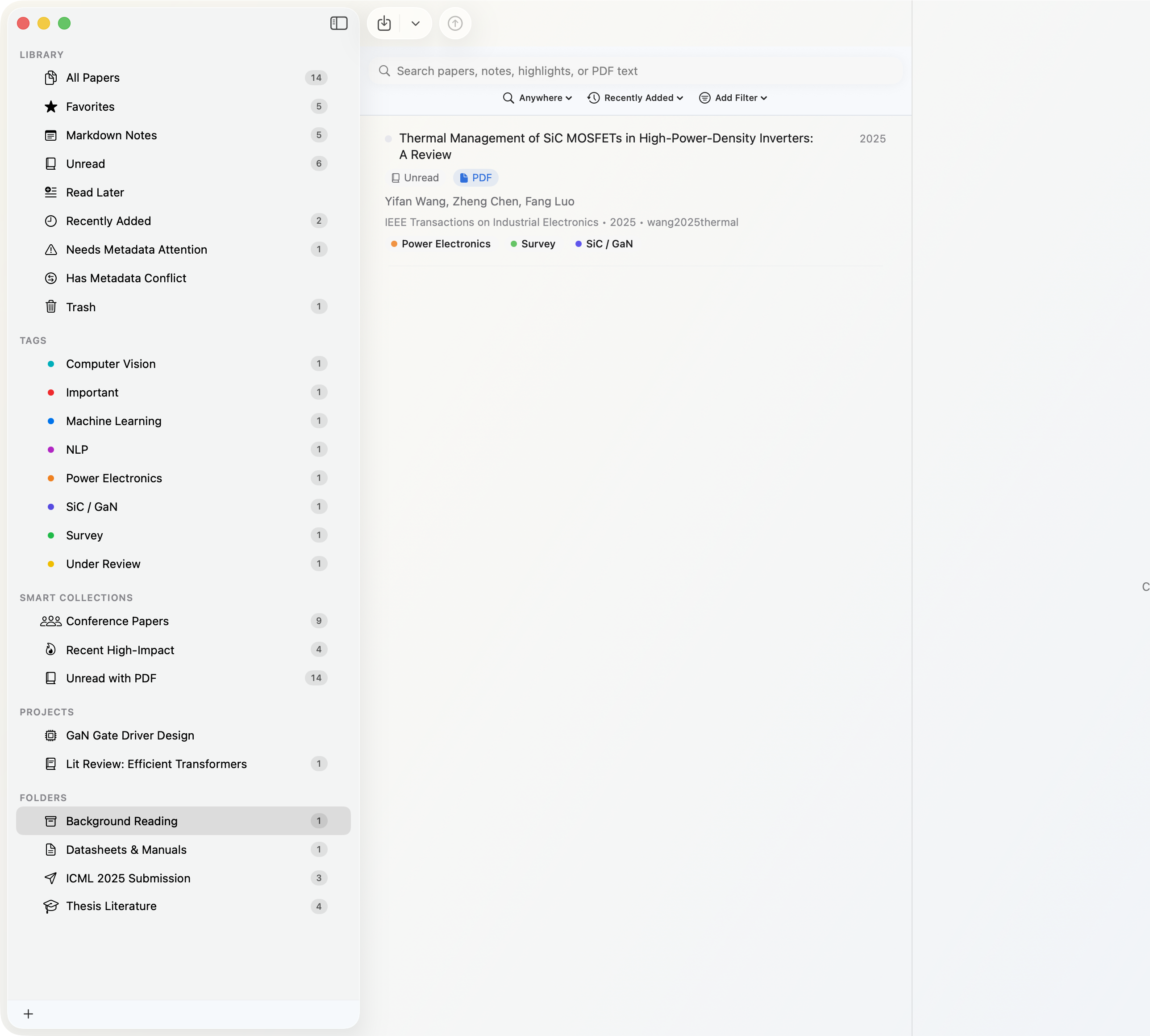 Papyrus Papers with the 'Background Reading' Folder selected — classic hierarchical organization in the paper list