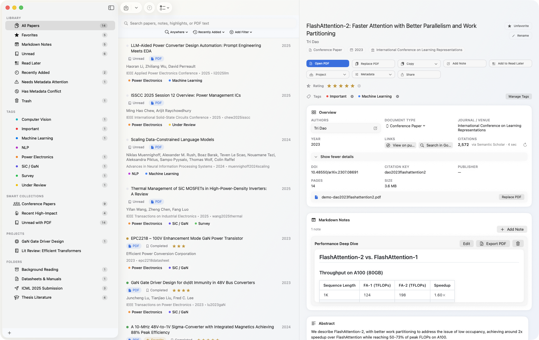 Papyrus Papers library window — sidebar with smart collections, paper list, and detail panel with metadata, abstract, and Markdown notes