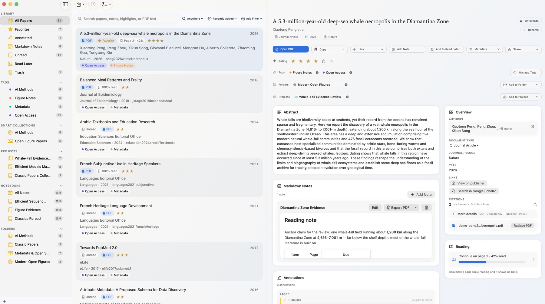Papyrus on Mac showing the Nature whale necropolis paper selected in the library with its abstract, Markdown notes, overview metadata, and a Reading card.