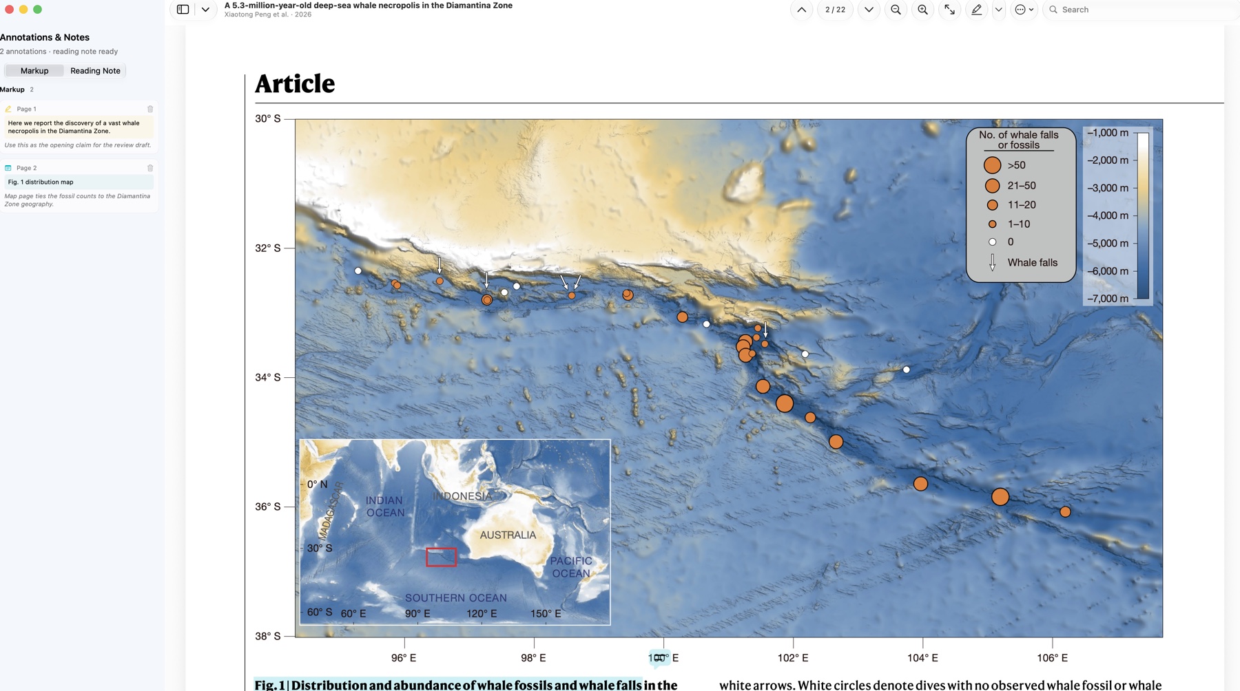 Mac reader showing the Fig. 1 distribution-map page of the Nature whale necropolis article with the markup inspector open.