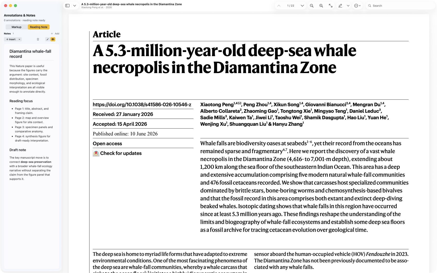 Mac PDF reader showing the first page of the Nature whale necropolis article with the reading notes sidebar.