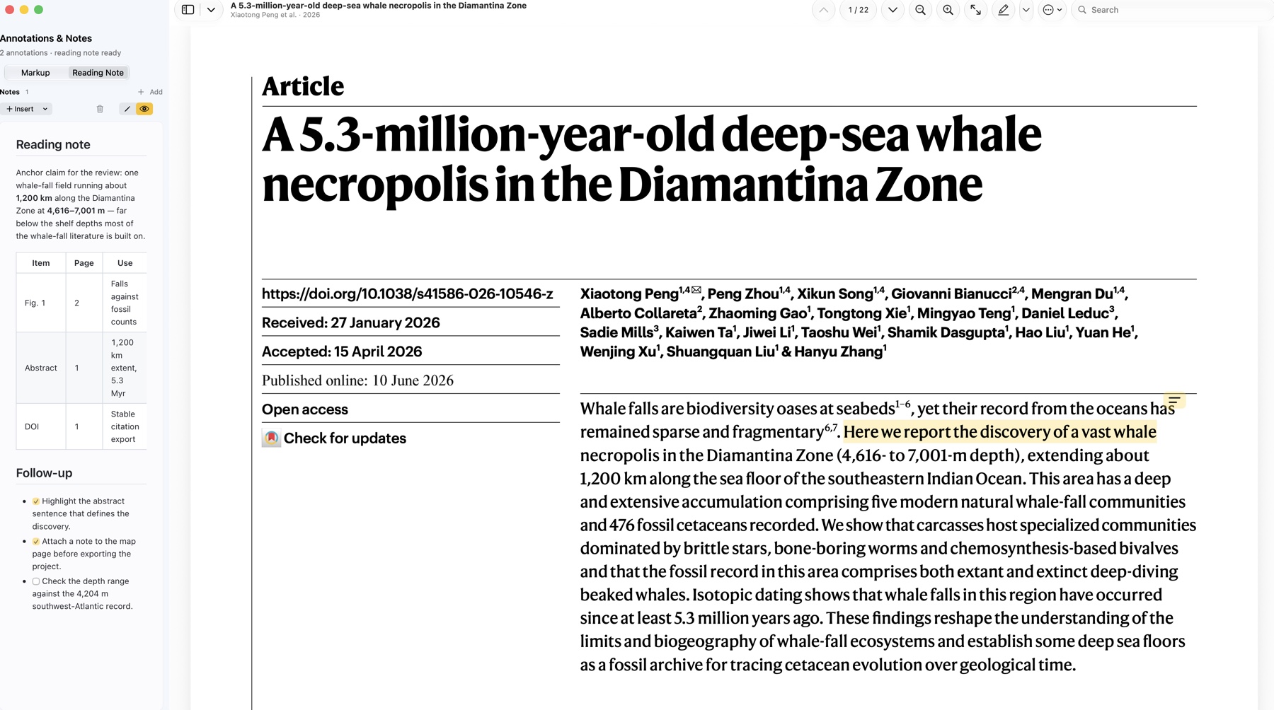 Mac PDF reader showing the first page of the Nature whale necropolis article with a highlight and the rendered reading note in the inspector.